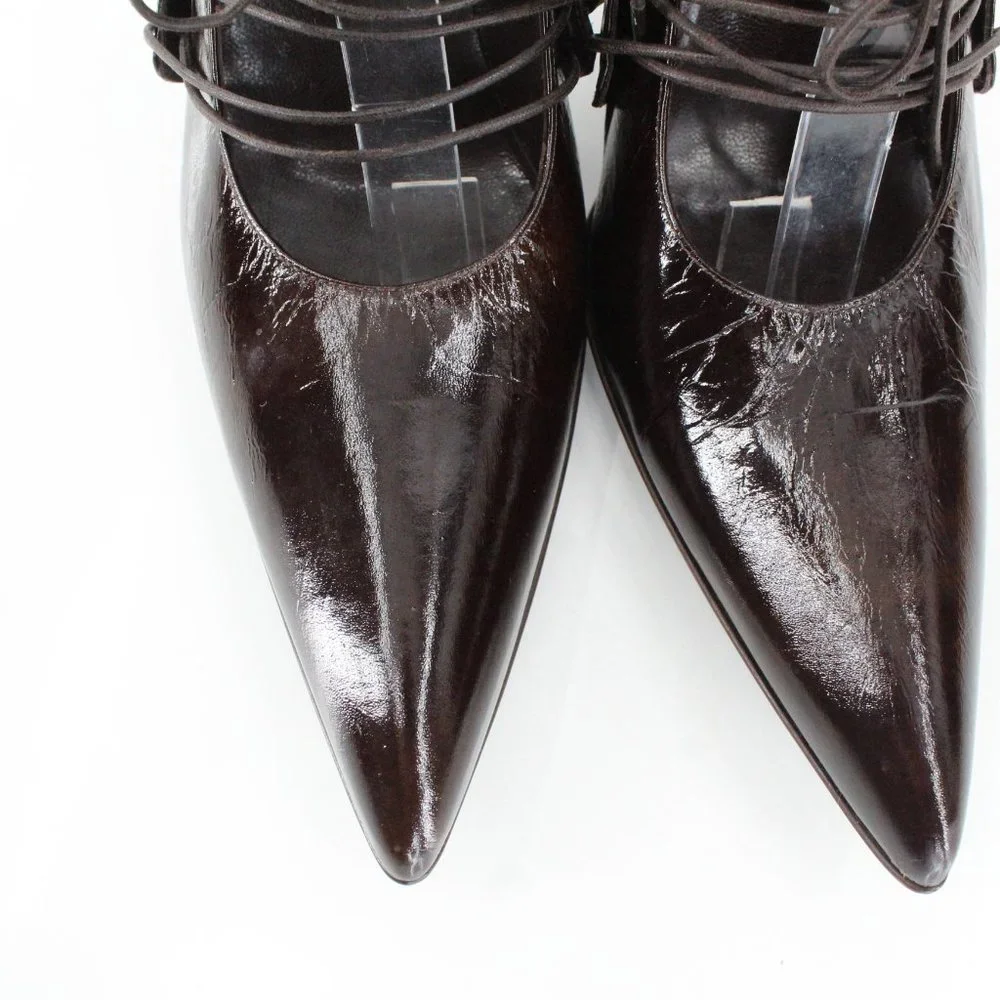 Gianni Barbato Patent Leather Lace Up Pointed Pumps Sculptural Heel Brown 7.5 - Picture 9 of 16